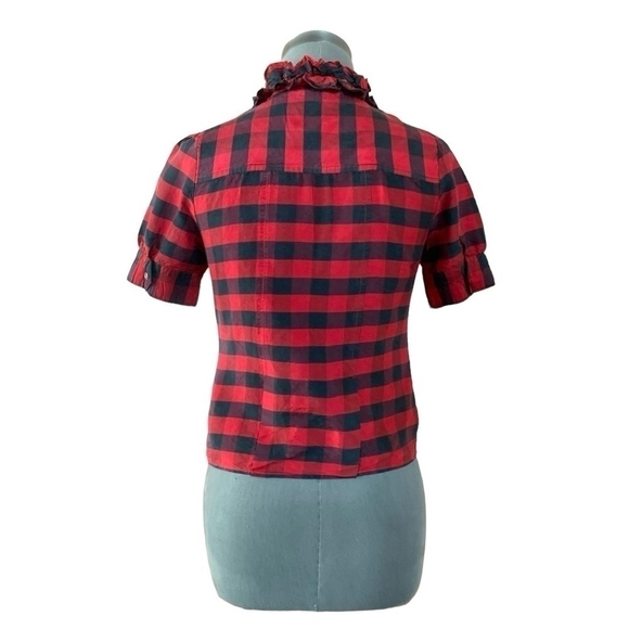 Women Top TWENTY ONE Red Black Buffalo Plaid Ruffle Blouse Button Up Silk Shirt - Picture 4 of 6